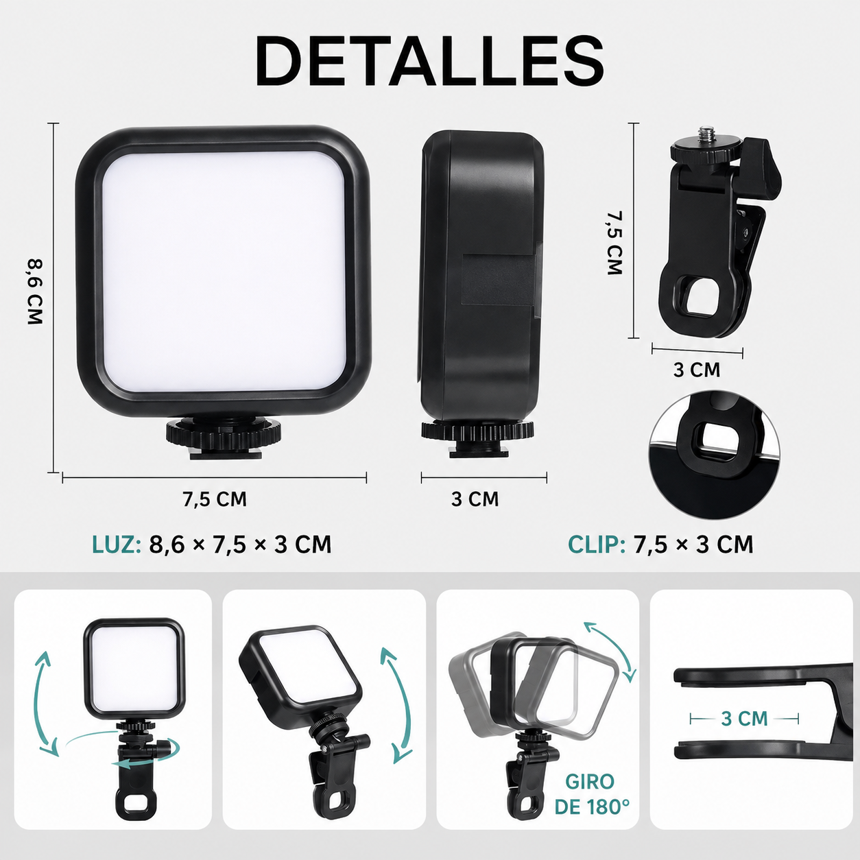 Dimensiones y giro de 180 grados de la luz RGB AY-83