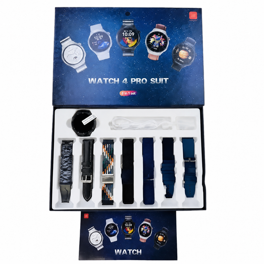 Caja Watch 4 Pro Suit abierta con reloj y siete correas en alta resolución