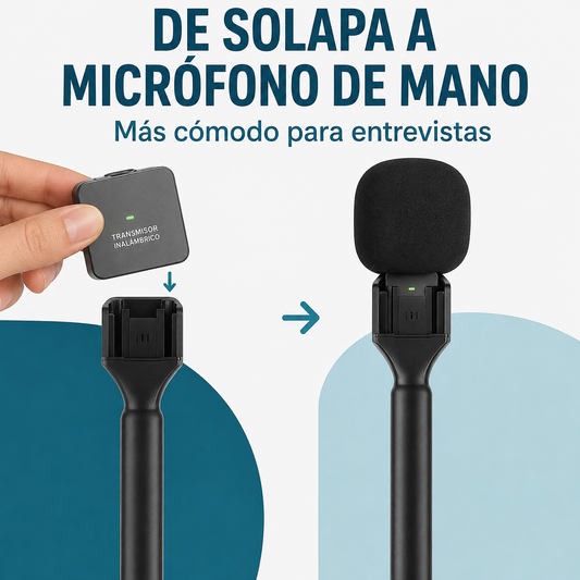 Conversión de un transmisor de solapa en micrófono de mano con soporte negro