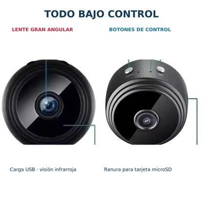 Lente, controles, carga USB y ranura microSD de la cámara A9 Mini