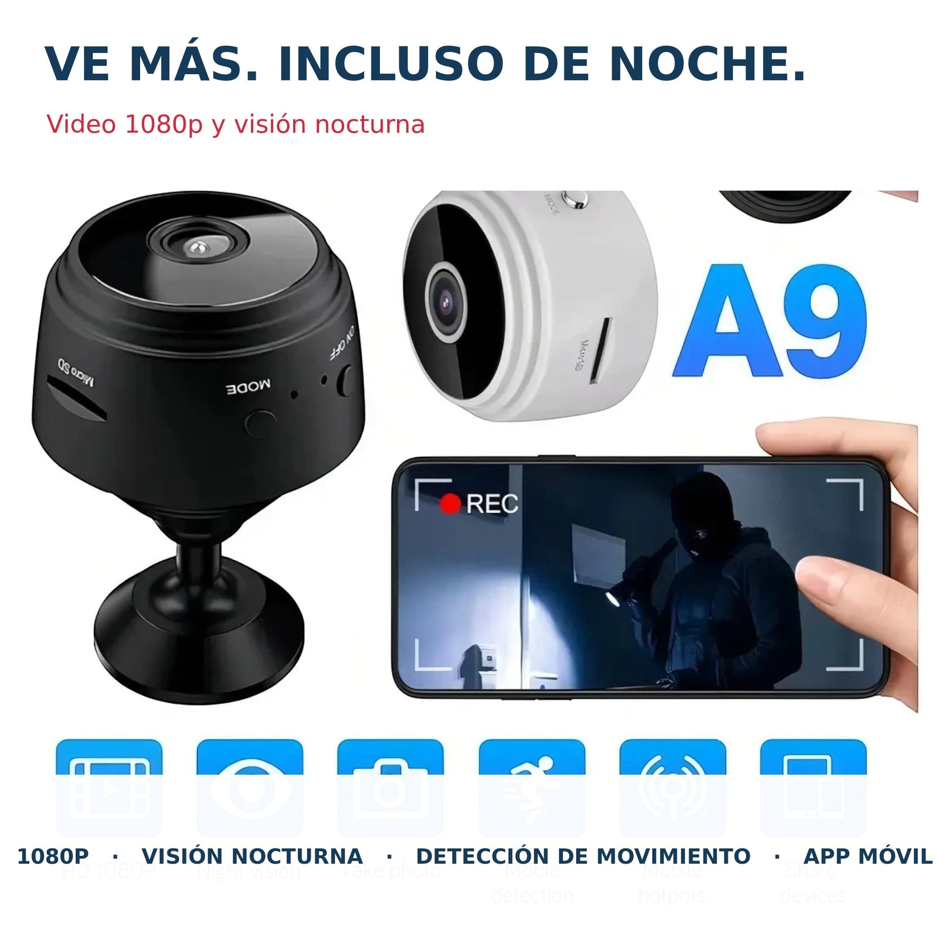 Cámara A9 Mini 1080p con visión nocturna y detección de movimiento
