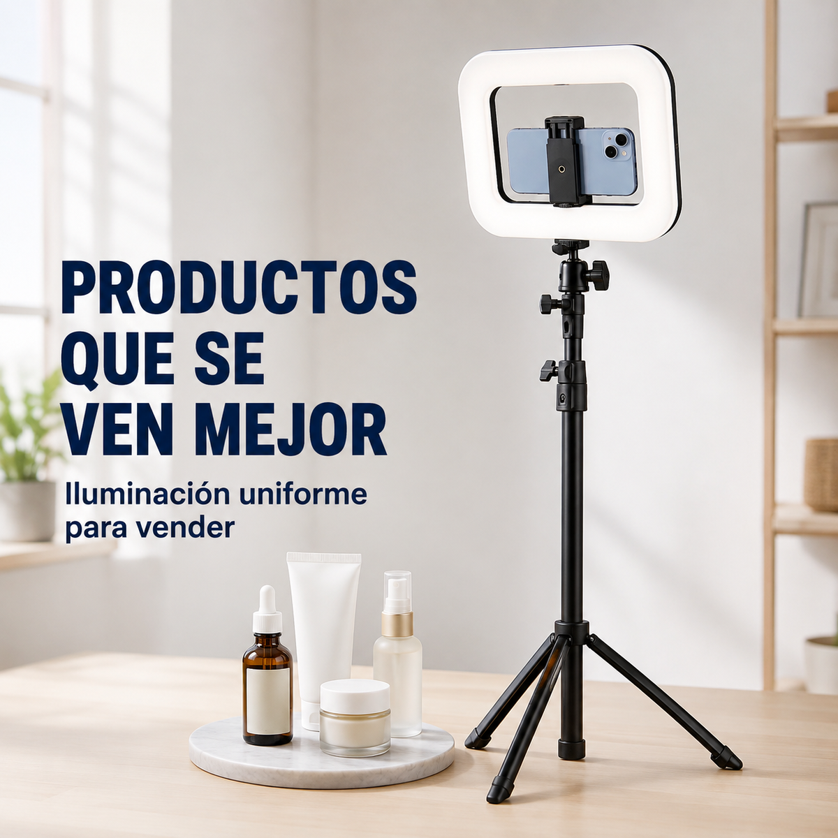 Aro rectangular YM200 sobre trípode iluminando fotografía de productos