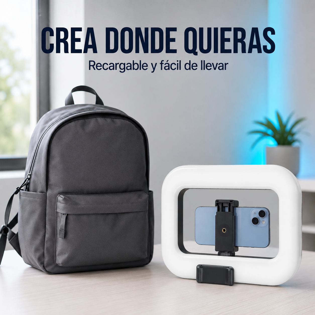 Aro rectangular YM200 recargable junto a una mochila para creadores