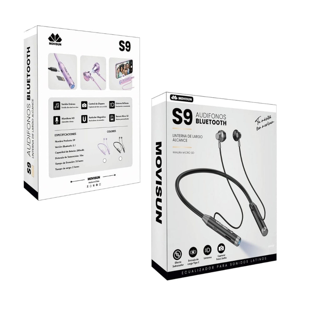 Empaque frontal y posterior de los audífonos Movisun S9 con sus funciones