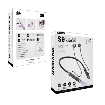 Empaque frontal y posterior de los audífonos Movisun S9 con sus funciones