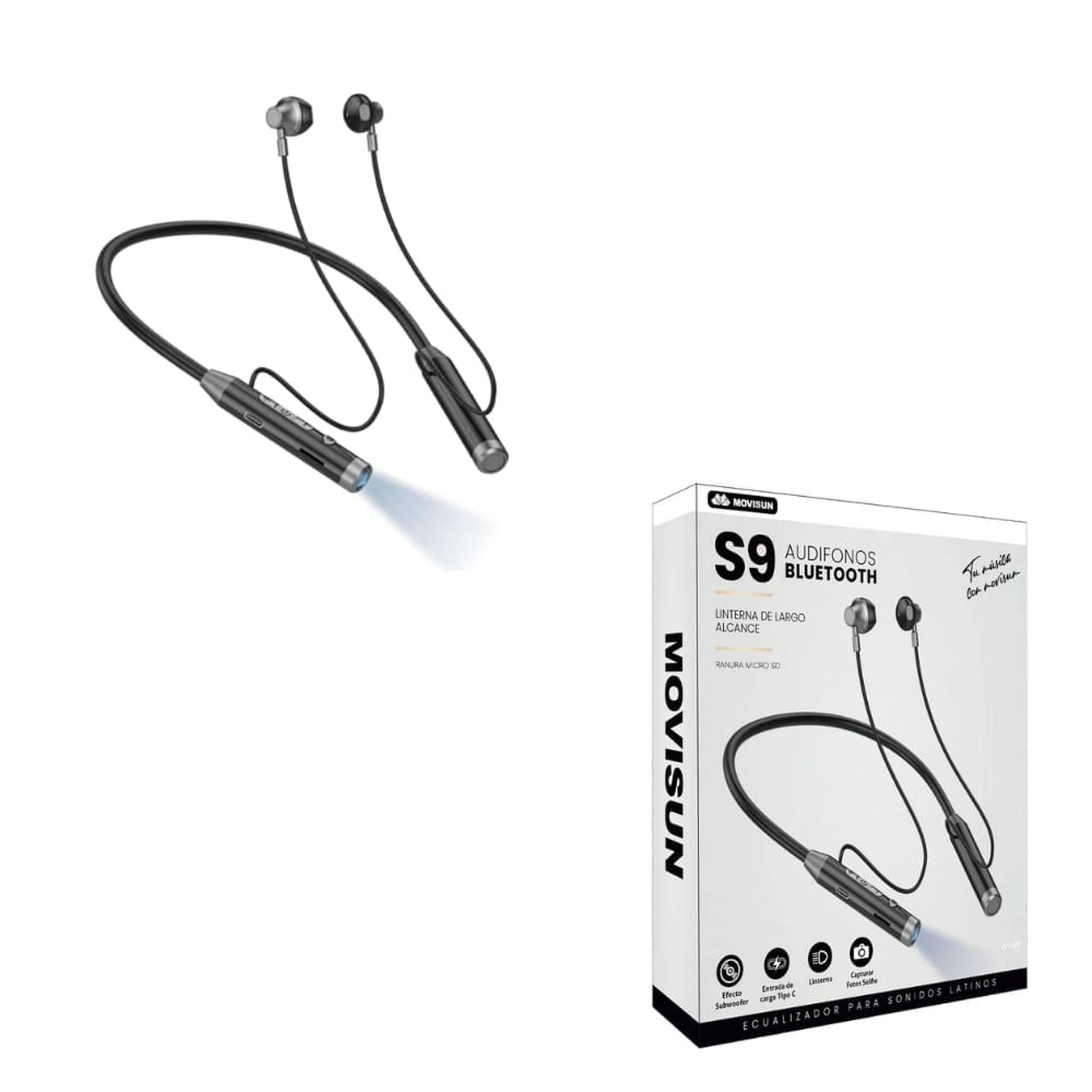 Audífonos Movisun S9 negros junto a su empaque original
