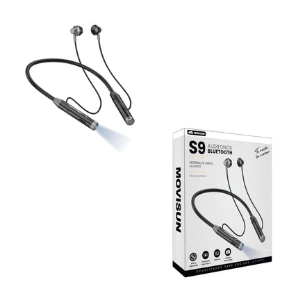 Audífonos Movisun S9 negros junto a su empaque original