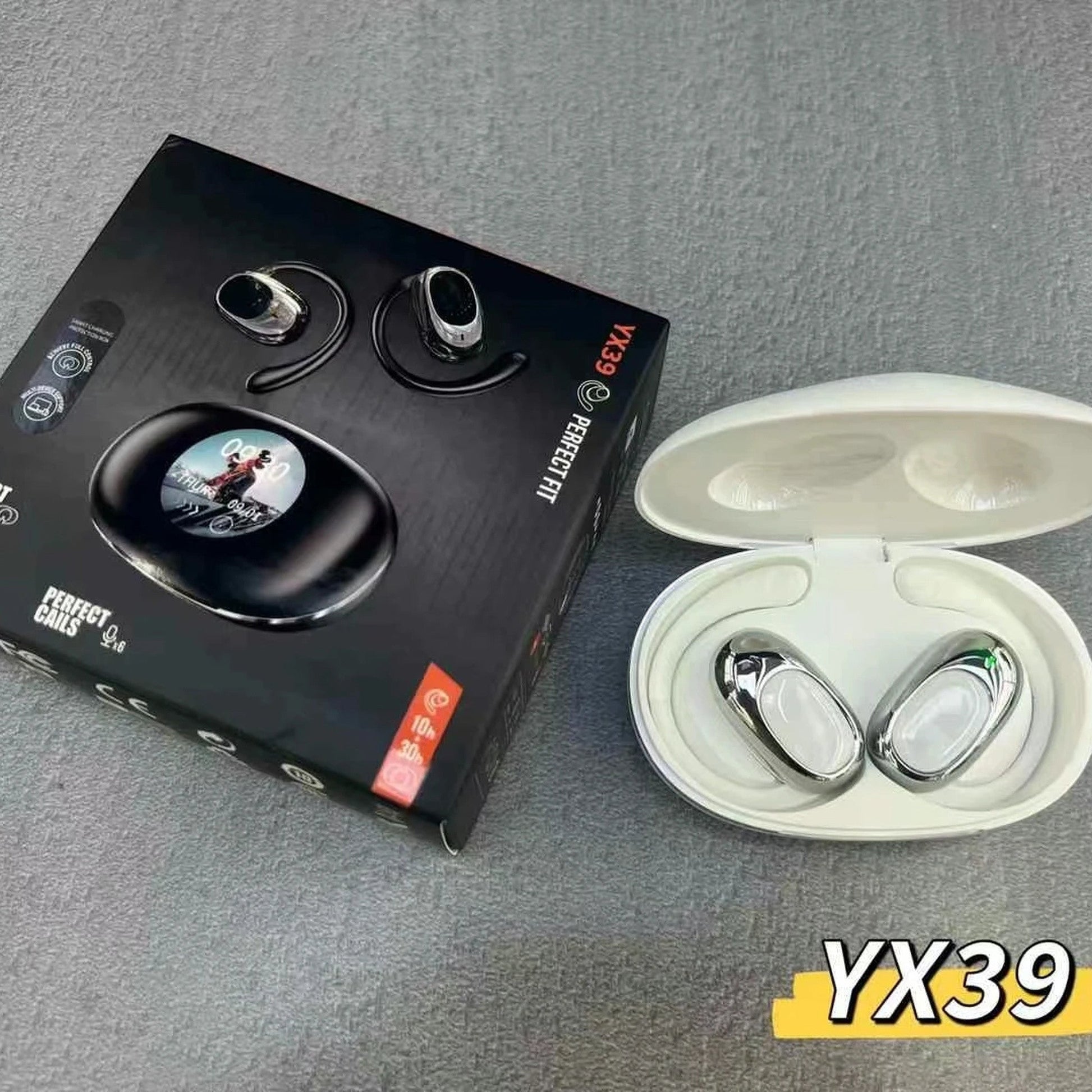Fotografía real de audífonos YX39 blancos con caja y estuche