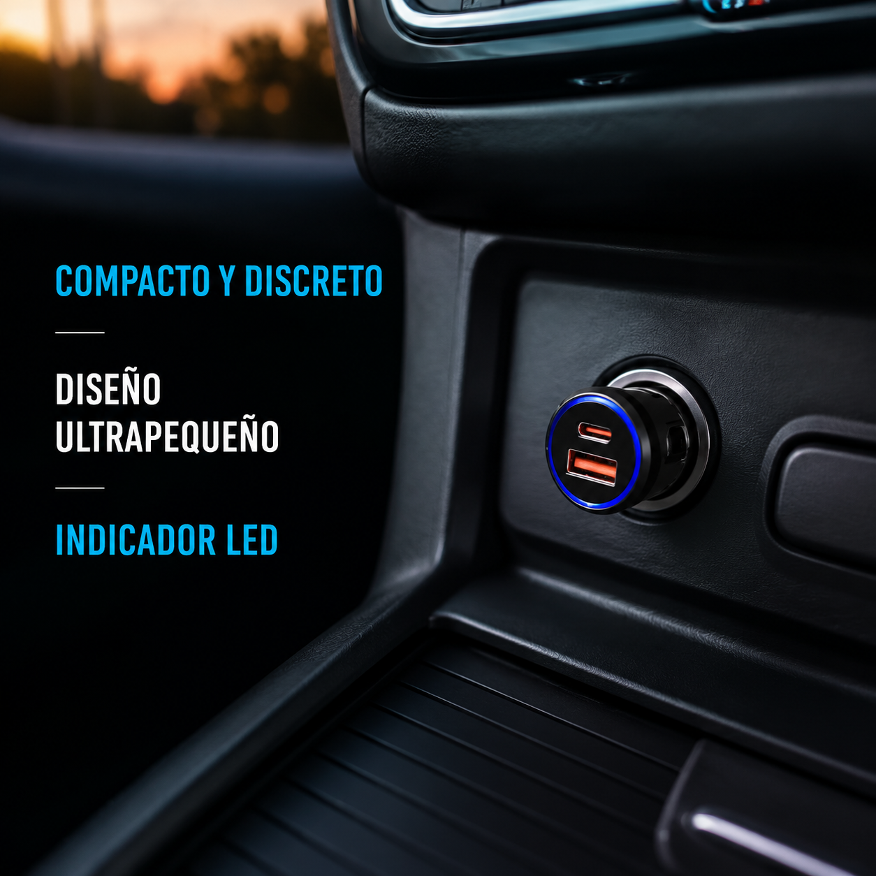 Cargador Movisun C-25 compacto instalado con indicador LED azul