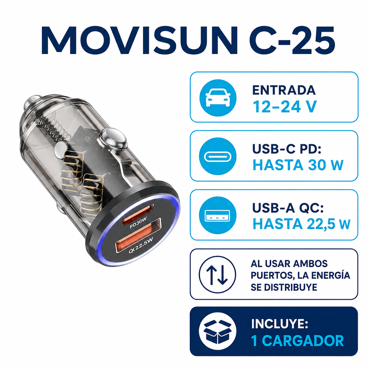 Especificaciones del cargador de carro Movisun C-25