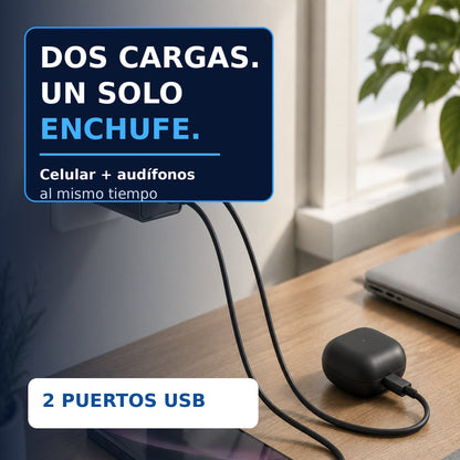 Cargador Movisun MC-60 cargando celular y audífonos desde un solo enchufe