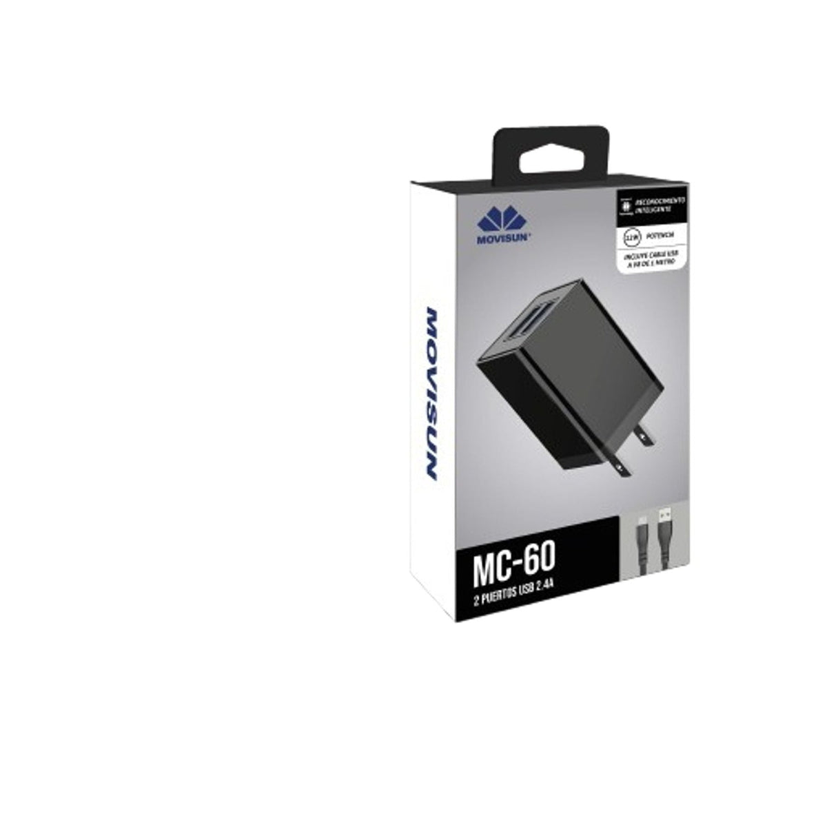 Empaque frontal del cargador Movisun MC-60 con cable V8