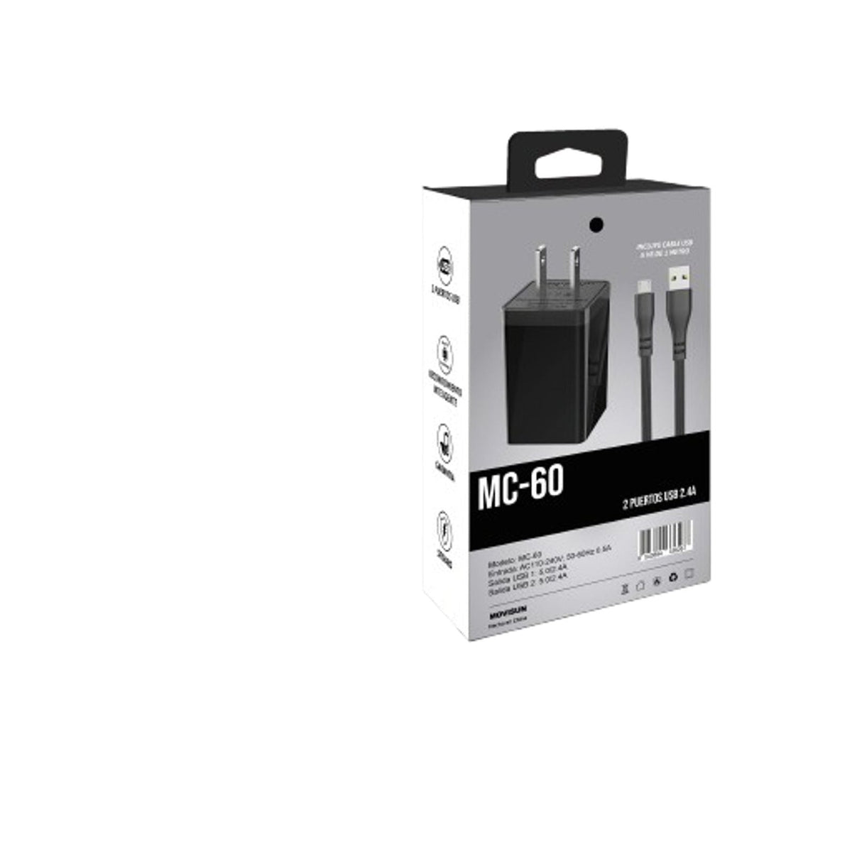 Empaque posterior del cargador Movisun MC-60 de dos puertos USB