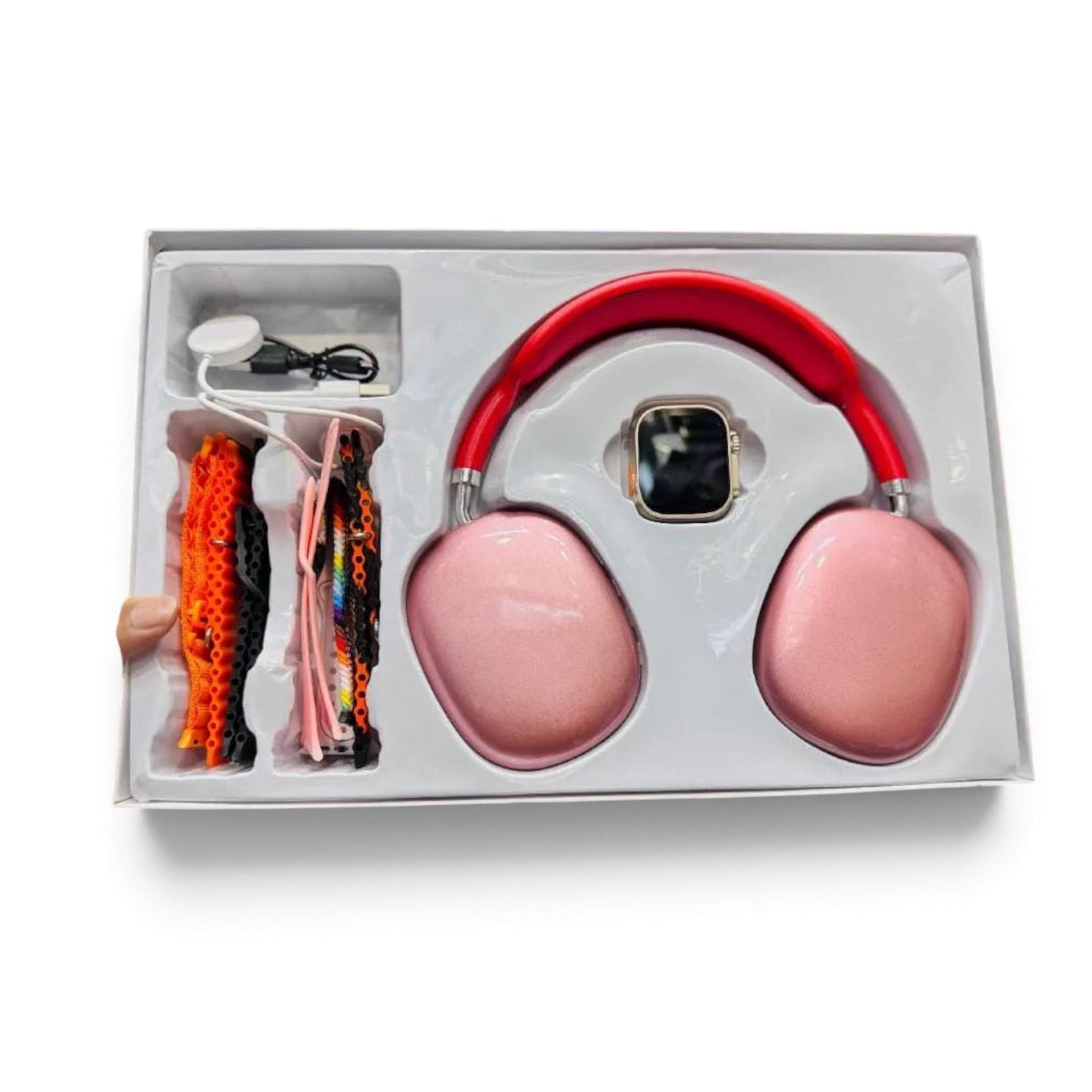 Contenido real del Combo P9 Ultra2 rosado en su bandeja original