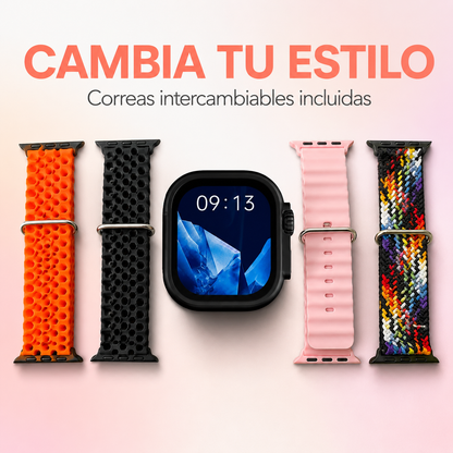 Smartwatch negro P9 Ultra2 con cuatro correas intercambiables incluidas
