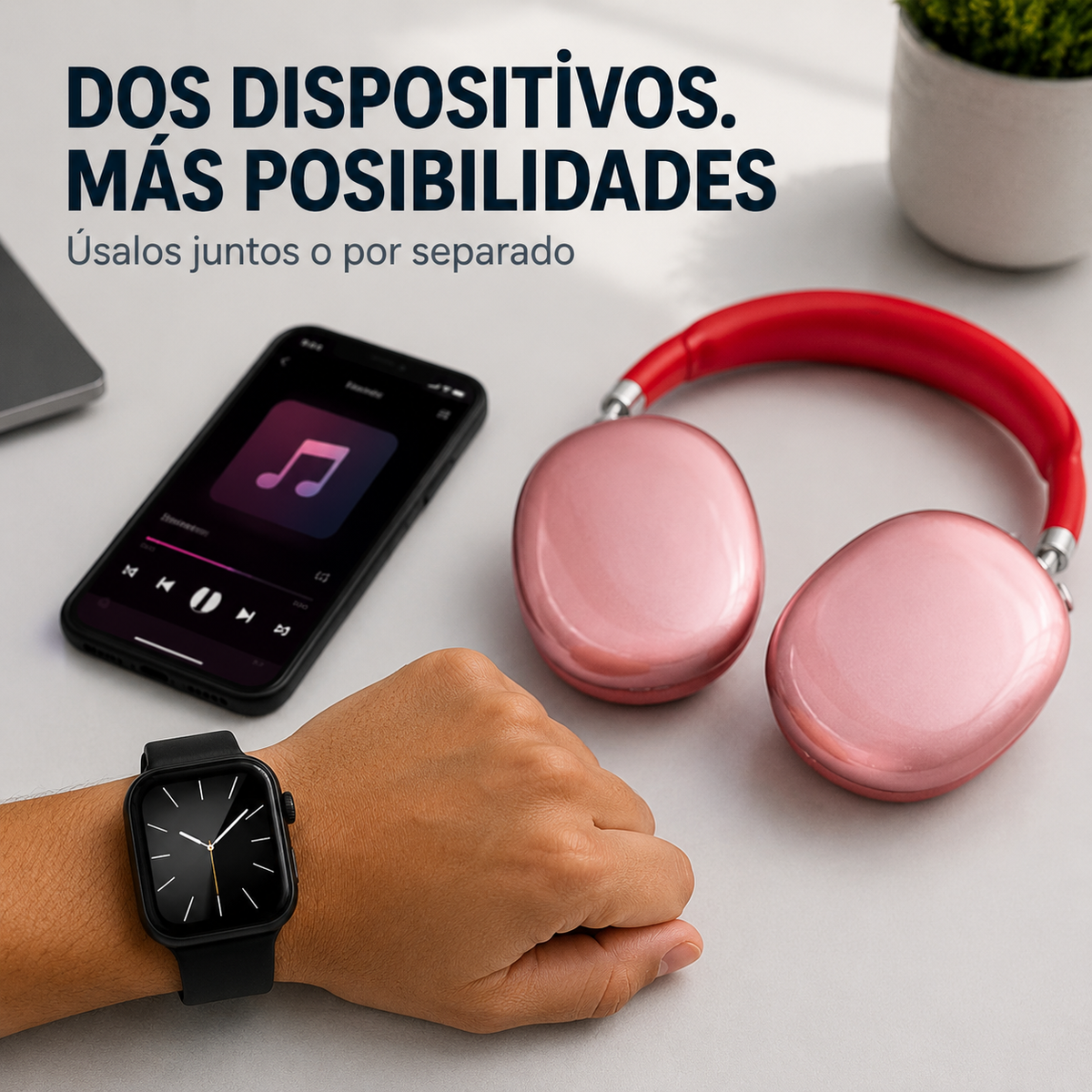 Audífonos rosados y smartwatch negro P9 Ultra2 usados por separado