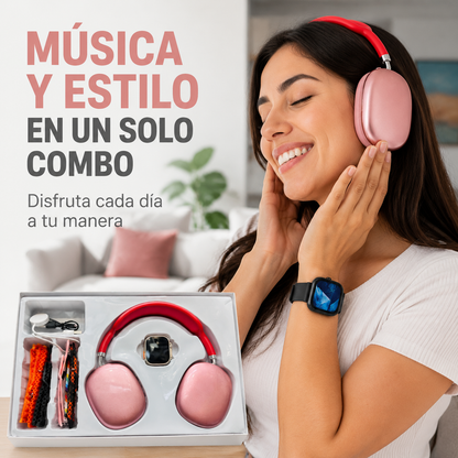 Mujer usando audífonos rosados y smartwatch negro del Combo P9 Ultra2