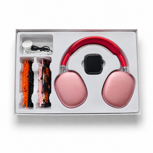 Combo P9 Ultra2 rosado con audífonos smartwatch cuatro correas y cables