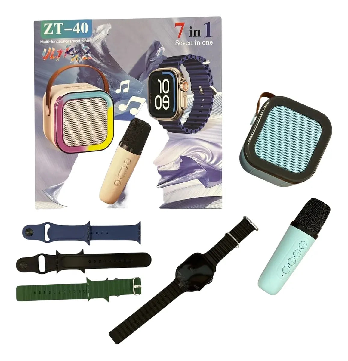 Contenido real del combo ZT-40 con parlante, micrófono, reloj y correas