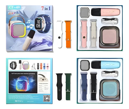 Empaque y accesorios del combo smartwatch karaoke ZT-40