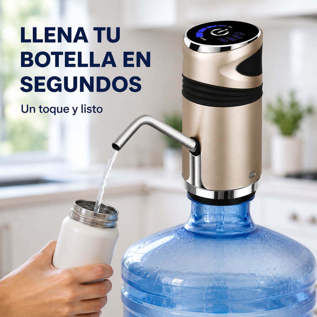 Dispensador automático recargable llenando una botella con un solo toque