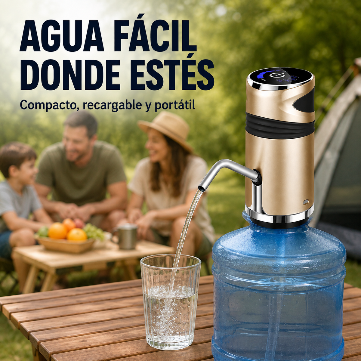 Dispensador automático portátil para botellón utilizado durante un paseo familiar