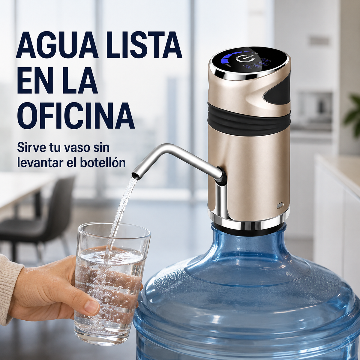 Dispensador automático champaña sirviendo agua en una oficina sin levantar el botellón