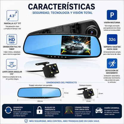 Características del espejo retrovisor L9000 con cámara frontal y trasera