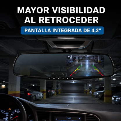 Pantalla de reversa del espejo L9000 funcionando en estacionamiento nocturno