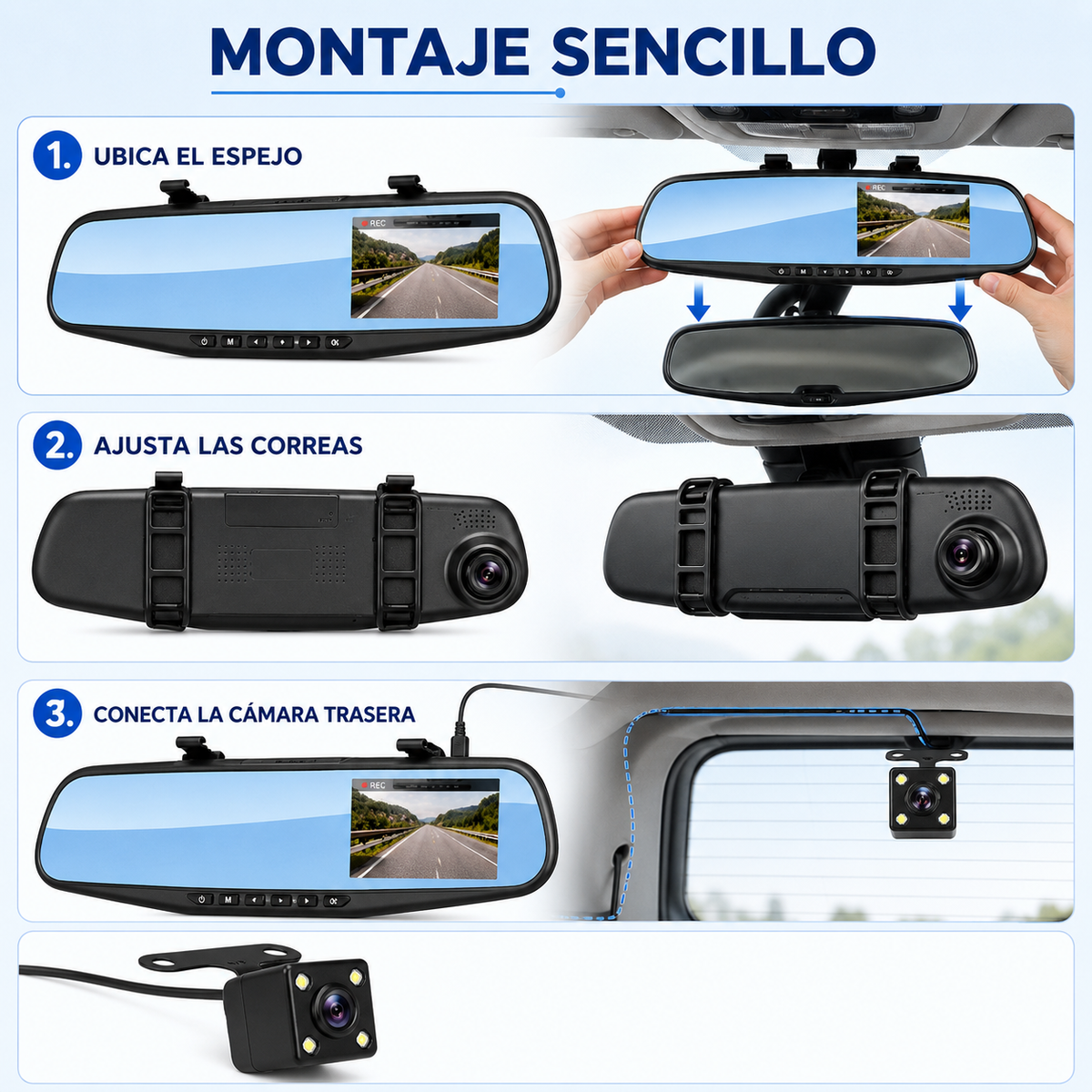Pasos de montaje del espejo retrovisor L9000 y su cámara trasera
