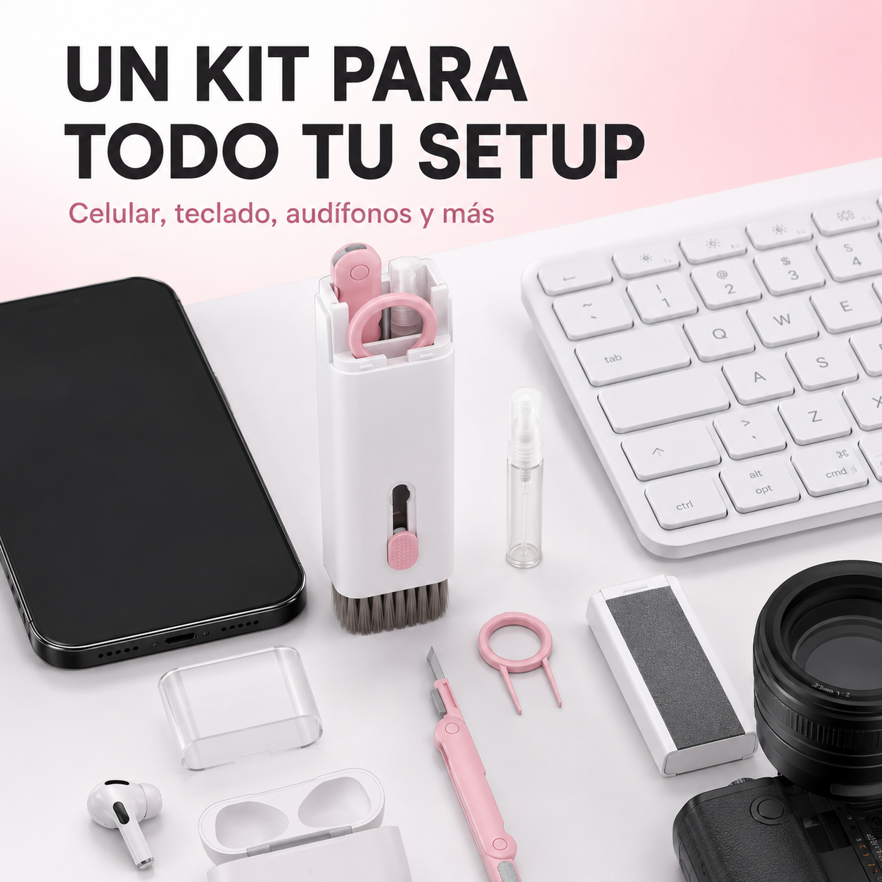 Kit de limpieza rosado junto a celular teclado audífonos y cámara