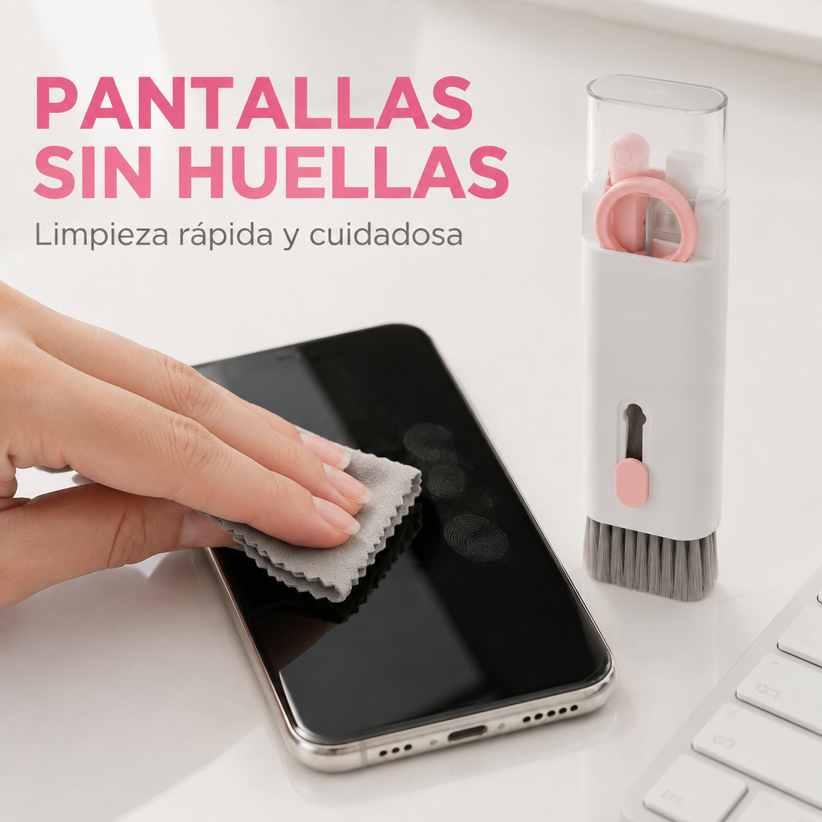 Paño de microfibra del kit retirando huellas de la pantalla de un celular