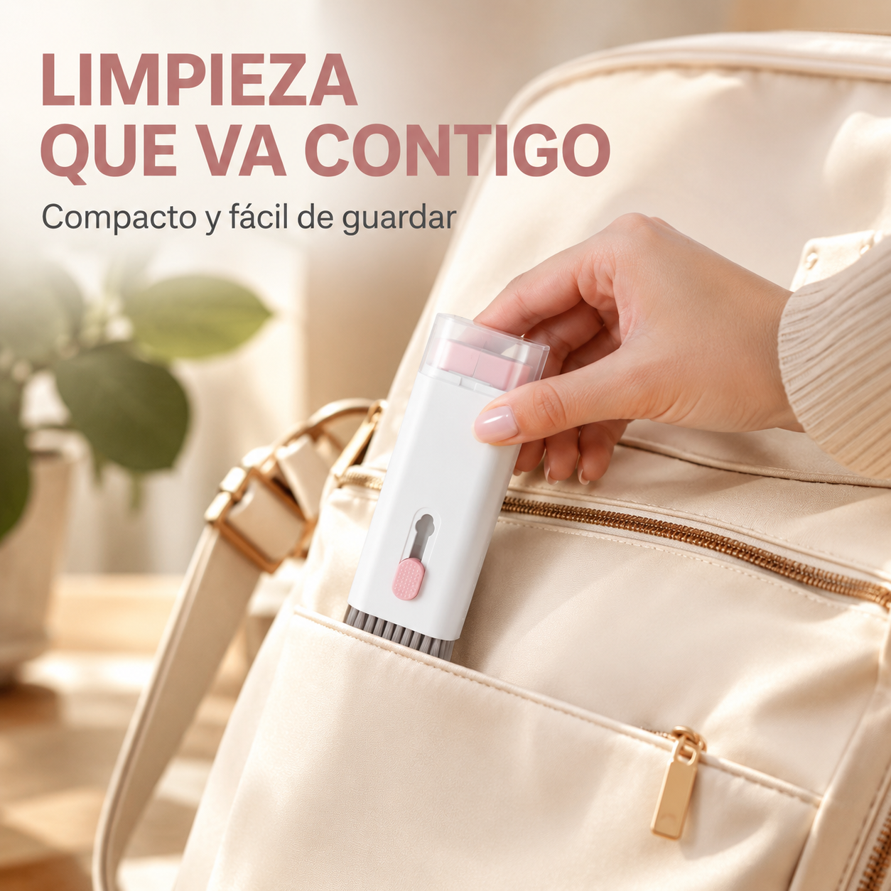 Kit de limpieza 7 en 1 compacto guardándose en el bolsillo de una mochila