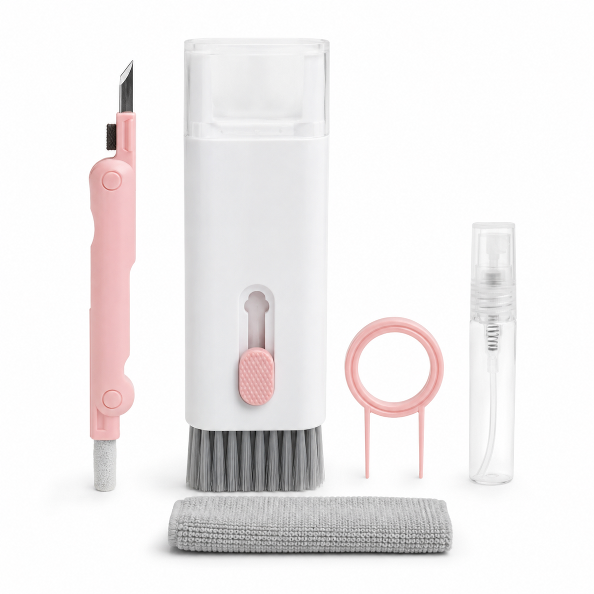 Kit de limpieza 7 en 1 blanco con detalles rosados y accesorios incluidos