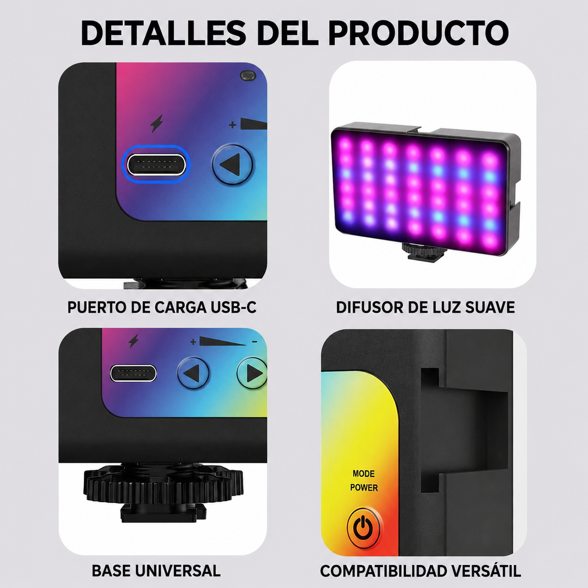 Puerto USB-C, difusor y base universal de la lámpara RGB