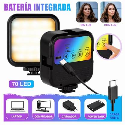 Luz RGB AY-83 con batería integrada, 70 LED y carga USB-C
