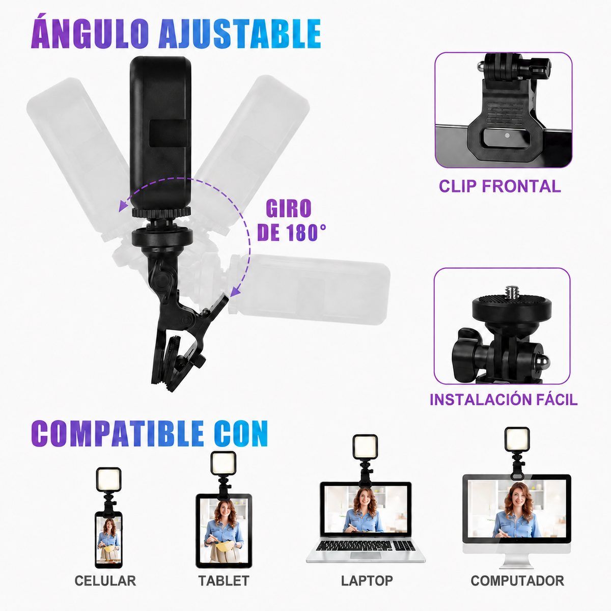 Luz RGB AY-83 con ángulo ajustable y clip para celular y laptop