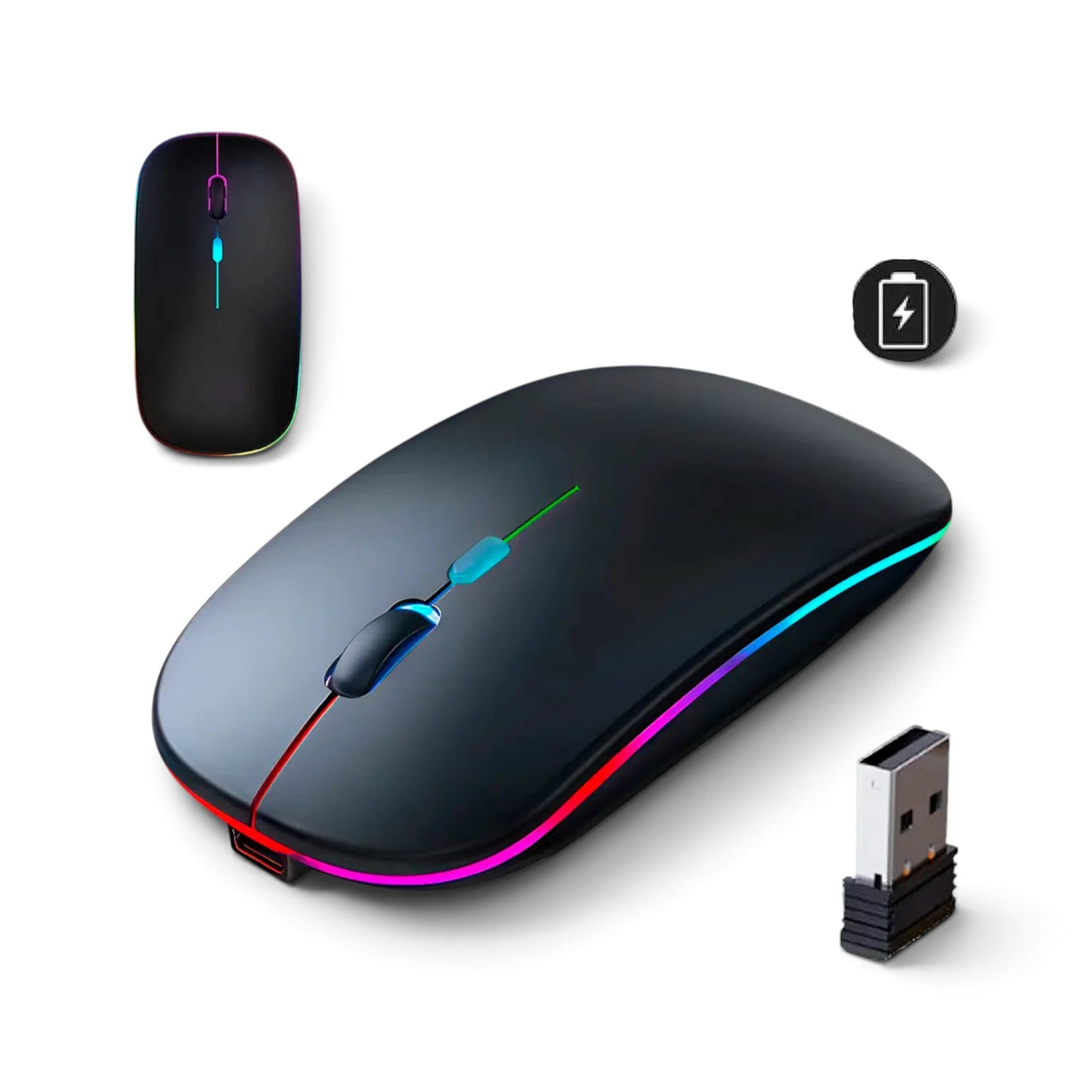 Mouse inalámbrico recargable AOAS W07 negro con iluminación RGB y receptor USB