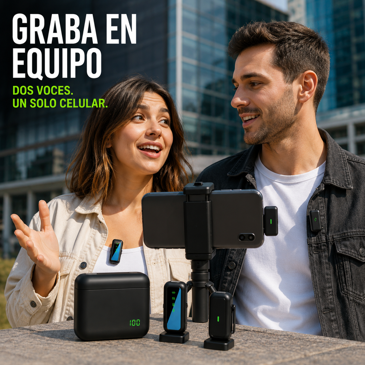 Dos personas grabando con el micrófono inalámbrico doble SX6 Tipo C