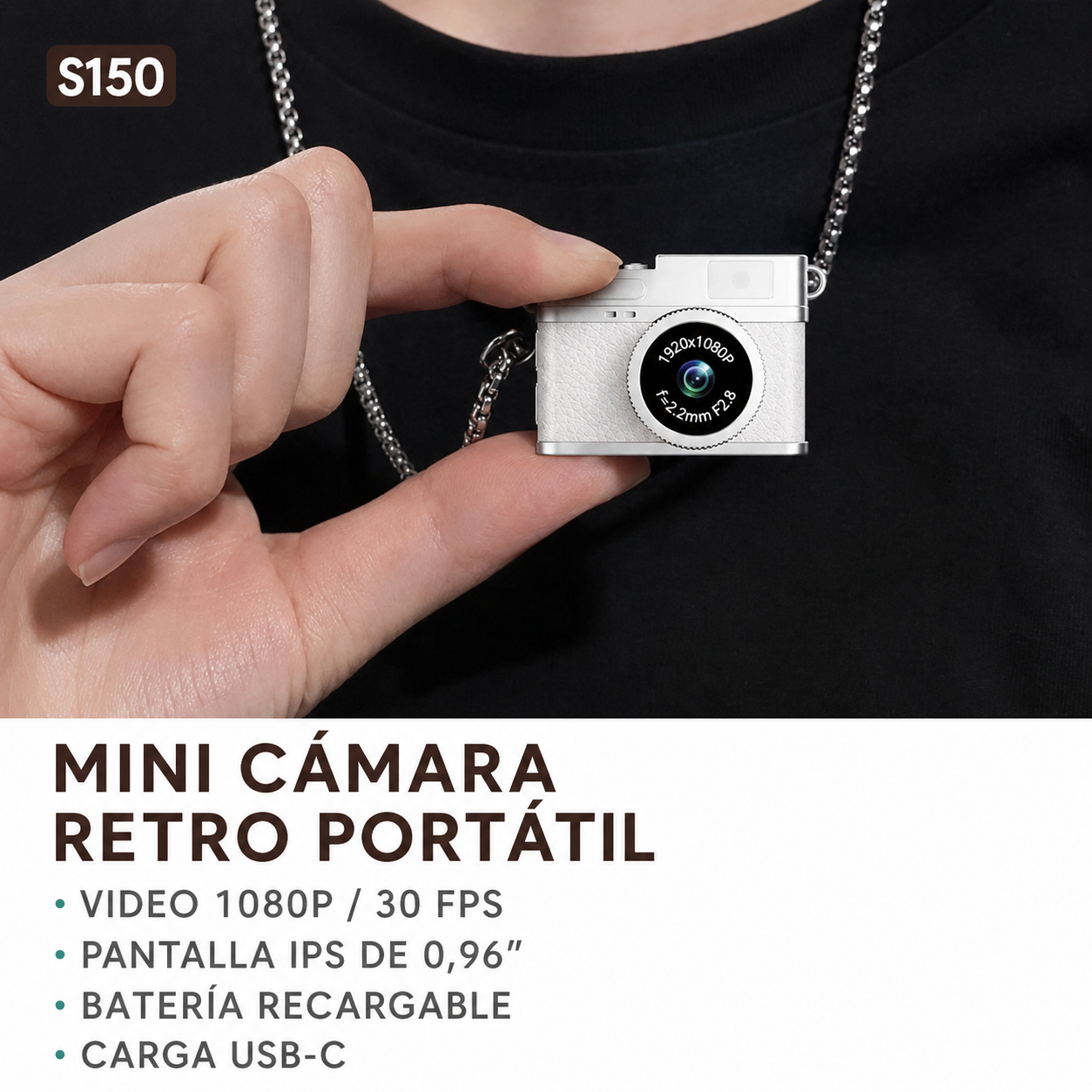 Características de la mini cámara retro S150 blanca con USB-C