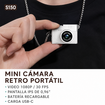 Características de la mini cámara retro S150 blanca con USB-C