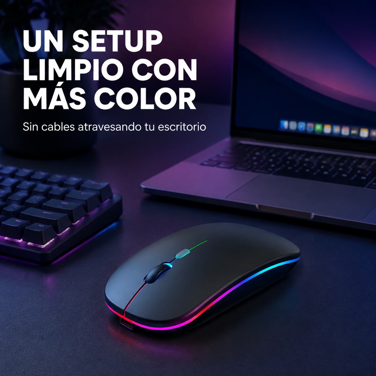 Mouse inalámbrico W07 con iluminación RGB en un escritorio sin cables