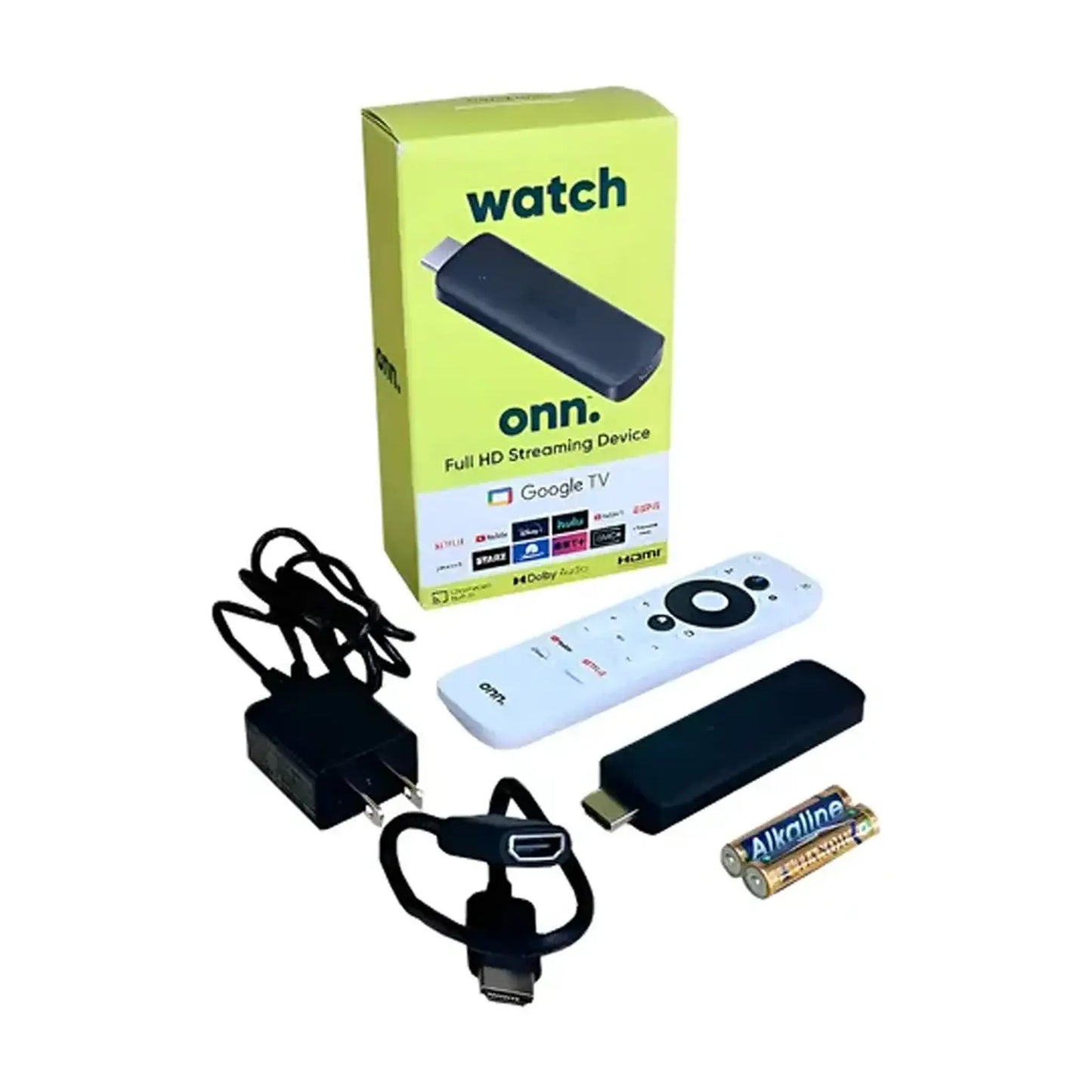 Contenido real de la caja Onn Google TV Full HD con accesorios