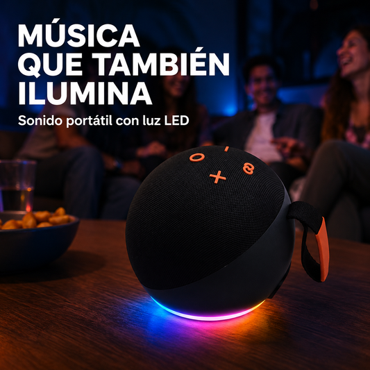 Parlante Bluetooth Alaxe Pro Max negro con iluminación LED ambientando una reunión