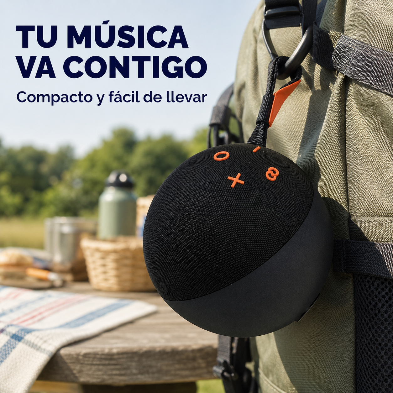 Parlante Bluetooth Alaxe Pro Max negro sujeto a una mochila por su correa