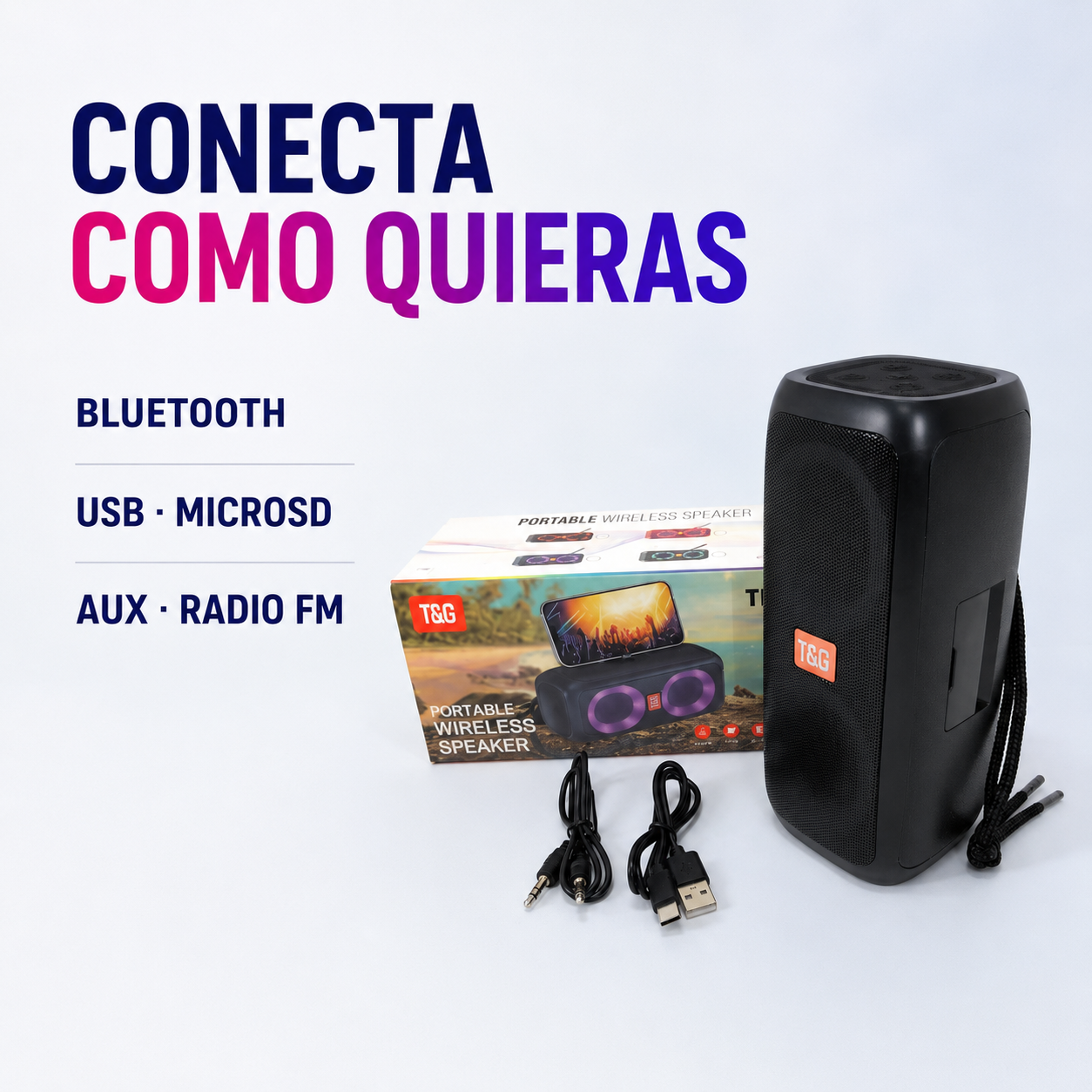 Conectividad Bluetooth USB microSD AUX y radio FM del parlante TG-333
