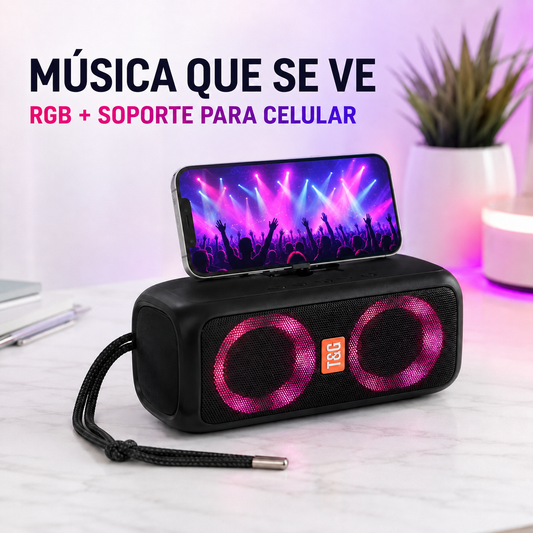 Parlante T&G TG-333 con luces RGB, soporte para celular y escena de concierto