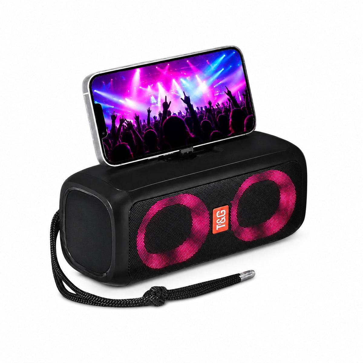 Parlante T&G TG-333 negro con luces RGB y soporte para celular sobre fondo blanco