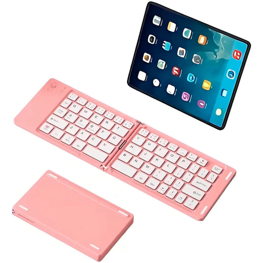 Teclado Bluetooth plegable AS1006 rosado abierto y cerrado junto a una tablet
