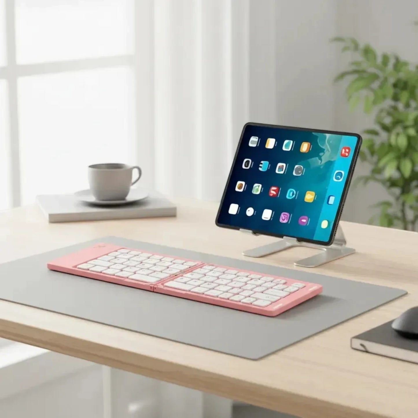 Teclado Bluetooth AS1006 rosado en un espacio de trabajo con tablet